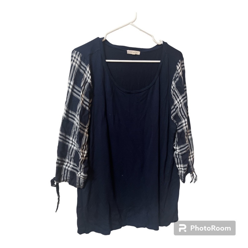 Retrology Plaid Tie Sleeve Plus Size Blouse Top